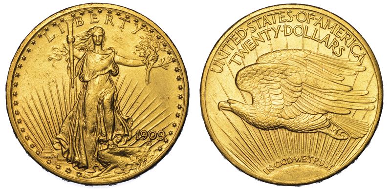 USA. REPUBLIC. 20 Dollars “St. Gaudens” 1909. Zecca di Philadephia, Pennsylvania.  - Auction Numismatics - Cambi Casa d'Aste