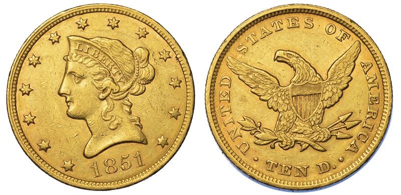 USA. REPUBLIC. 10 Dollars “Liberty Head” 1851. Zecca di Philadephia, Pennsylvania.  - Auction Numismatics - Cambi Casa d'Aste