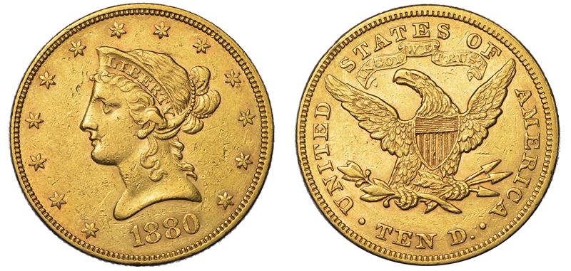 USA. REPUBLIC. 10 Dollars “Liberty Head” 1880. Zecca di Philadephia, Pennsylvania.  - Auction Numismatics - Cambi Casa d'Aste