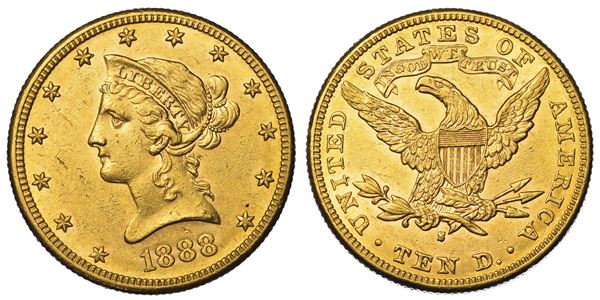 USA. REPUBLIC. 10 Dollars “Liberty Head” 1888. Zecca di San Francisco, California.