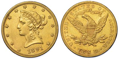 Usa. Republic. 10 Dollars “liberty Head” 1891. Zecca di Philadephia, Pennsylvania.
