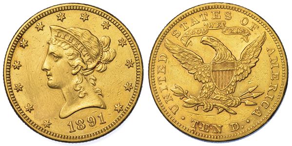 USA. REPUBLIC. 10 Dollars “Liberty Head” 1891. Zecca di Philadephia, Pennsylvania.