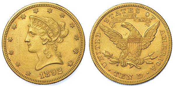 USA. REPUBLIC. 10 Dollars “Liberty Head” 1892. Zecca di Philadephia, Pennsylvania.