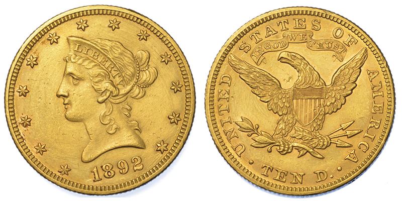 USA. REPUBLIC. 10 Dollars “Liberty Head” 1892. Zecca di Philadephia, Pennsylvania.  - Auction Numismatics - Cambi Casa d'Aste