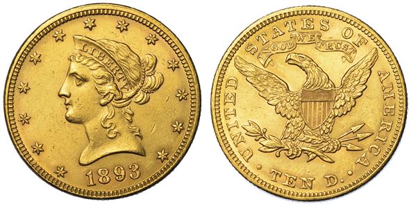 USA. REPUBLIC. 10 Dollars “Liberty Head” 1893. Zecca di Philadephia, Pennsylvania.