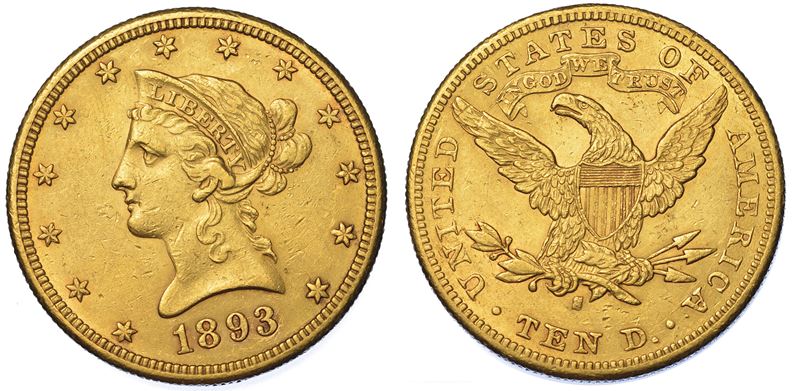 USA. REPUBLIC. 10 Dollars “Liberty Head” 1893. Zecca di San Francisco, California.  - Auction Numismatics - Cambi Casa d'Aste