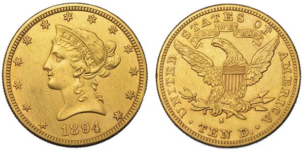USA. REPUBLIC. 10 Dollars “Liberty Head” 1894. Zecca di San Francisco, California.