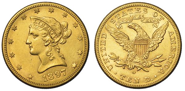 USA. REPUBLIC. 10 Dollars “Liberty Head” 1897. Zecca di New Orleans, Louisiana.