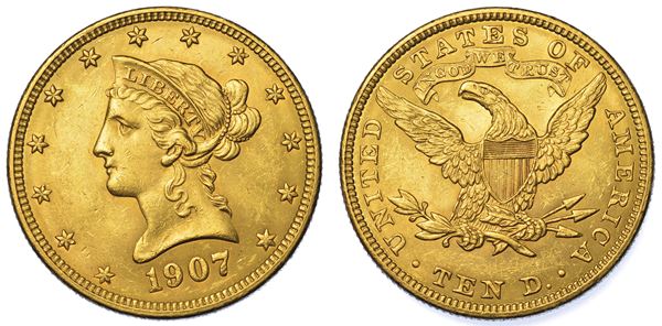 USA. REPUBLIC. 10 Dollars “Liberty Head” 1907. Zecca di Philadephia, Pennsylvania.