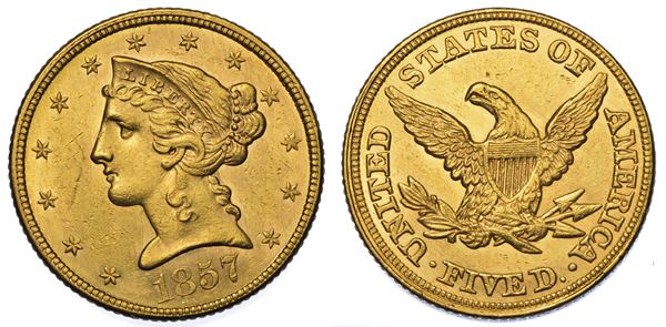 USA. REPUBLIC. 5 Dollars “Coronet Head” 1857. Zecca di Philadephia, Pennsylvania.