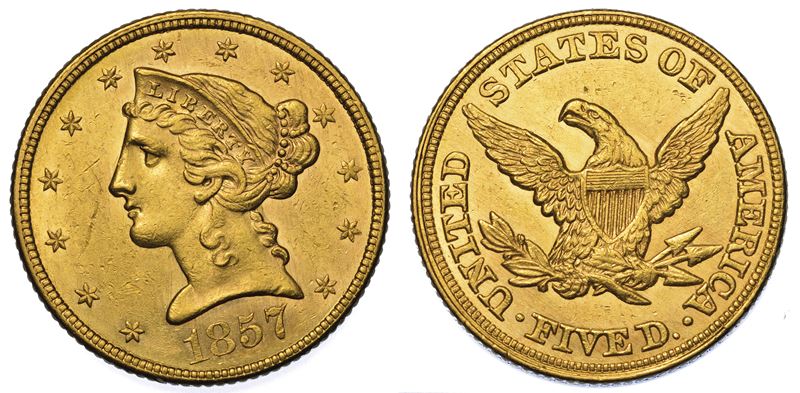 USA. REPUBLIC. 5 Dollars “Coronet Head” 1857. Zecca di Philadephia, Pennsylvania.  - Auction Numismatics - Cambi Casa d'Aste