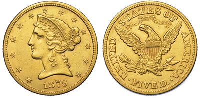 Usa. Republic. 5 Dollars “coronet Head” 1879. Zecca di Philadephia, Pennsylvania.