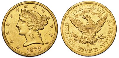 Usa. Republic. 5 Dollars “coronet Head” 1879. Zecca di San Francisco, California.