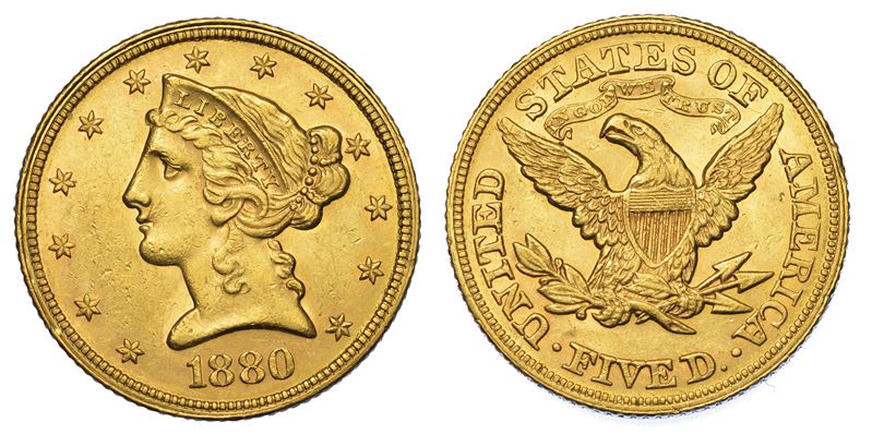 USA. REPUBLIC. 5 Dollars “Coronet Head” 1880. Zecca di Philadephia, Pennsylvania.  - Auction Numismatics - Cambi Casa d'Aste