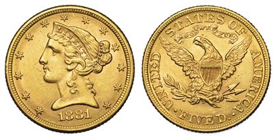 Usa. Republic. 5 Dollars “coronet Head” 1881. Zecca di Philadephia, Pennsylvania.