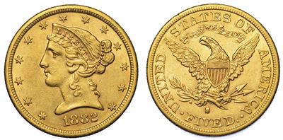 Usa. Republic. 5 Dollars “coronet Head” 1882. Zecca di San Francisco, California.