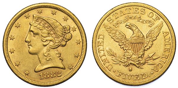 USA. REPUBLIC. 5 Dollars “Coronet Head” 1882. Zecca di San Francisco, California.