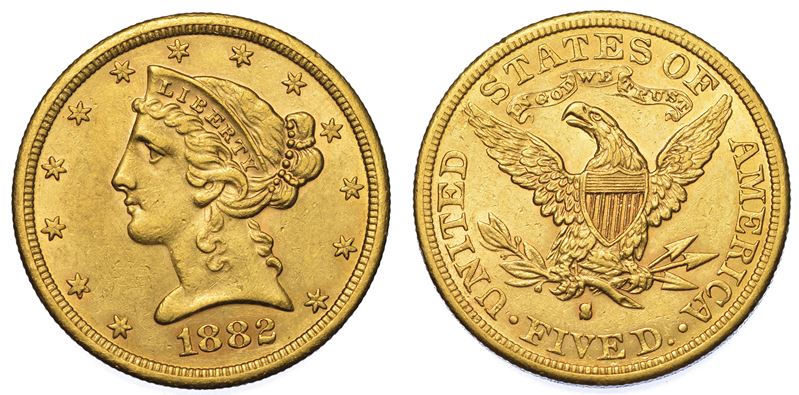 USA. REPUBLIC. 5 Dollars “Coronet Head” 1882. Zecca di San Francisco, California.  - Asta Numismatica - Cambi Casa d'Aste