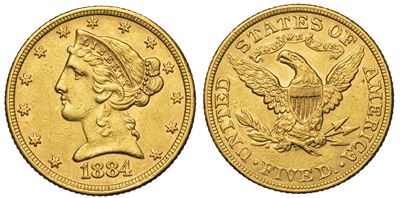 Usa. Republic. 5 Dollars “coronet Head” 1884. Zecca di Philadephia, Pennsylvania.