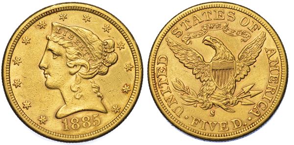 USA. REPUBLIC. 5 Dollars “Coronet Head” 1885. Zecca di San Francisco, California.