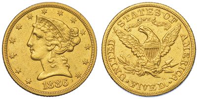 Usa. Republic. 5 Dollars “coronet Head” 1886. Zecca di Philadephia, Pennsylvania.