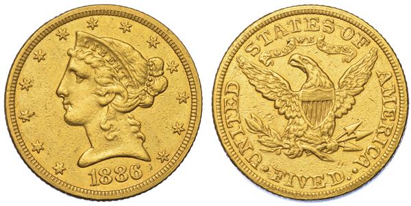 USA. REPUBLIC. 5 Dollars “Coronet Head” 1886. Zecca di Philadephia, Pennsylvania.