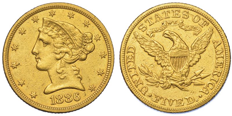USA. REPUBLIC. 5 Dollars “Coronet Head” 1886. Zecca di Philadephia, Pennsylvania.  - Auction Numismatics - Cambi Casa d'Aste