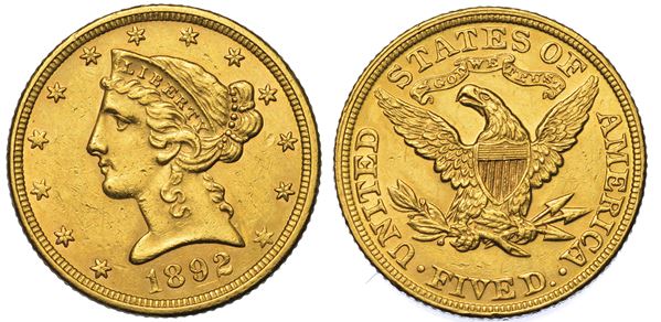 USA. REPUBLIC. 5 Dollars “Coronet Head” 1892. Zecca di Philadephia, Pennsylvania.