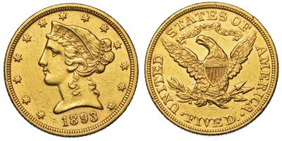 Usa. Republic. 5 Dollars “coronet Head” 1893. Zecca di Philadephia, Pennsylvania.