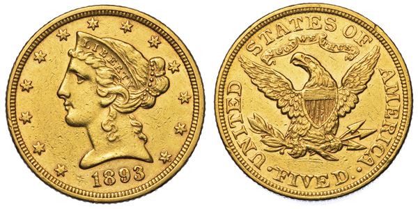 USA. REPUBLIC. 5 Dollars “Coronet Head” 1893. Zecca di Philadephia, Pennsylvania.