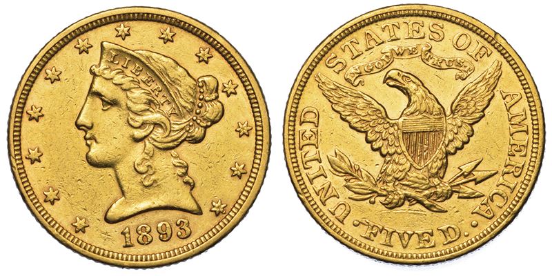 USA. REPUBLIC. 5 Dollars “Coronet Head” 1893. Zecca di Philadephia, Pennsylvania.  - Auction Numismatics - Cambi Casa d'Aste