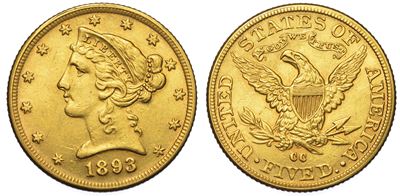 Usa. Republic. 5 Dollars “coronet Head” 1893. Zecca di Carson City, Nevada.