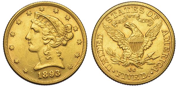 USA. REPUBLIC. 5 Dollars “Coronet Head” 1893. Zecca di Carson City, Nevada.