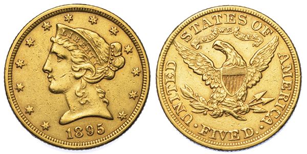 USA. REPUBLIC. 5 Dollars “Coronet Head” 1895. Zecca di Philadephia, Pennsylvania.