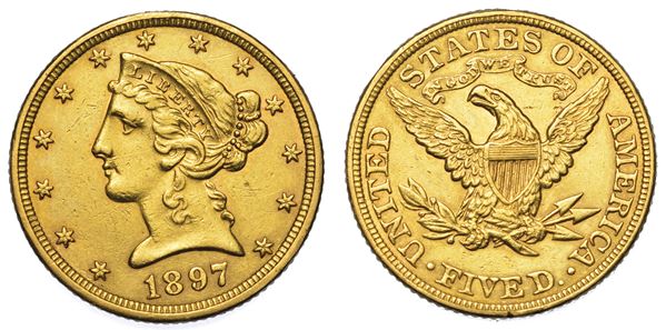 USA. REPUBLIC. 5 Dollars “Coronet Head” 1897. Zecca di Philadephia, Pennsylvania.
