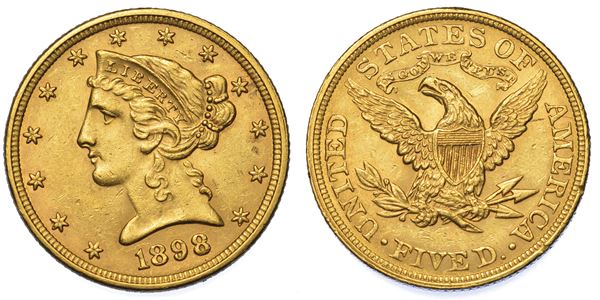 USA. REPUBLIC. 5 Dollars “Coronet Head” 1898. Zecca di Philadephia, Pennsylvania.