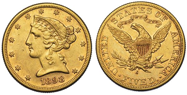 USA. REPUBLIC. 5 Dollars “Coronet Head” 1898. Zecca di San Francisco, California.