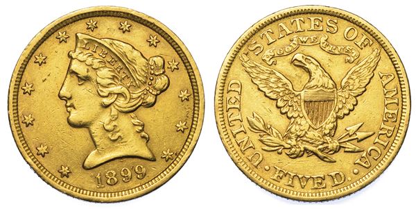 USA. REPUBLIC. 5 Dollars “Coronet Head” 1899. Zecca di Philadephia, Pennsylvania.