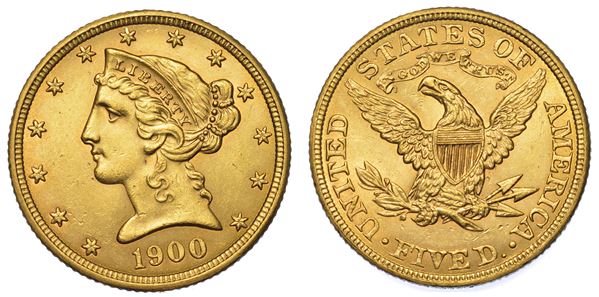 USA. REPUBLIC. 5 Dollars “Coronet Head” 1900. Zecca di Philadephia, Pennsylvania.