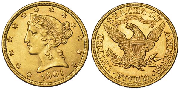 USA. REPUBLIC. 5 Dollars “Coronet Head” 1901. Zecca di Philadephia, Pennsylvania.