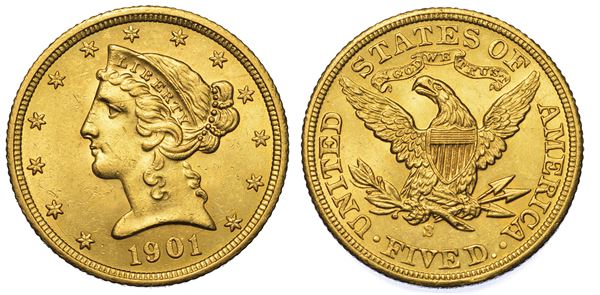 USA. REPUBLIC. 5 Dollars “Coronet Head” 1901. Zecca di San Francisco, California.