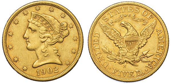 USA. REPUBLIC. 5 Dollars “Coronet Head” 1902. Zecca di San Francisco, California.
