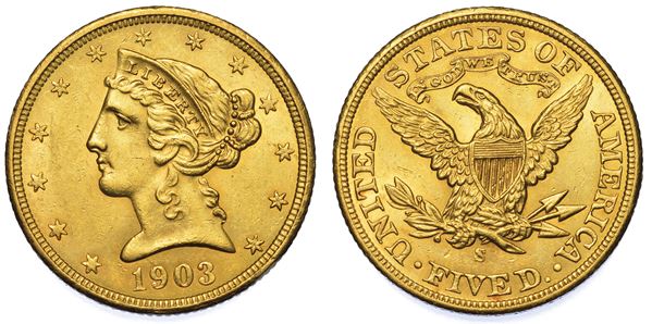 USA. REPUBLIC. 5 Dollars “Coronet Head” 1903. Zecca di San Francisco, California.