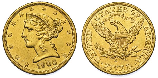 USA. REPUBLIC. 5 Dollars “Coronet Head” 1906. Zecca di San Francisco, California.