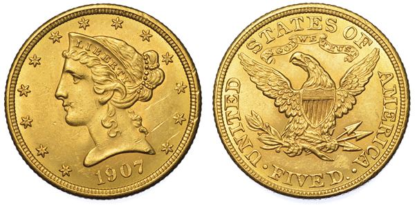 USA. REPUBLIC. 5 Dollars “Coronet Head” 1907. Zecca di Philadephia, Pennsylvania.