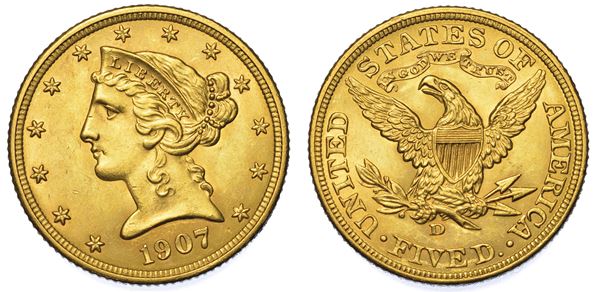 USA. REPUBLIC. 5 Dollars “Coronet Head” 1907. Zecca di Denver, Colorado.
