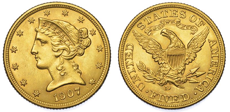 USA. REPUBLIC. 5 Dollars “Coronet Head” 1907. Zecca di Denver, Colorado.  - Asta Numismatica - Cambi Casa d'Aste