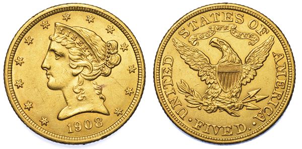 USA. REPUBLIC. 5 Dollars “Coronet Head” 1908. Zecca di Philadephia, Pennsylvania.
