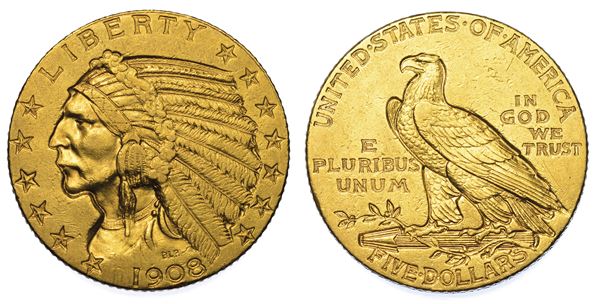 USA. REPUBLIC. 5 Dollars "Indian Head" 1908. Zecca di Philadephia, Pennsylvania.