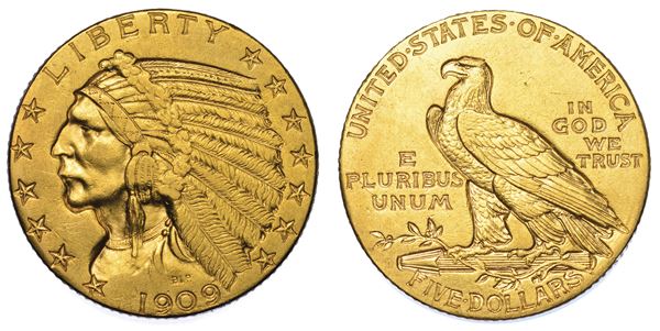USA. REPUBLIC. 5 Dollars "Indian Head" 1909. Zecca di Denver, Colorado.